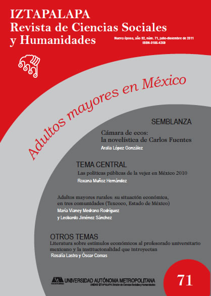 					Ver Núm. 71/2 (2011): Tema Central: Adultos mayores en México. Coordinador del TC Julio Goicoechea
				